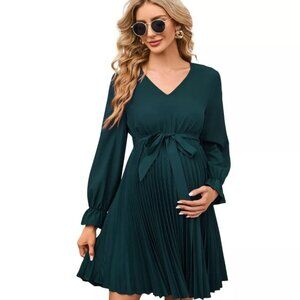 Womens Maternity Long Sleeve Pleated Dress V Neck Ruffle Mid Dress Size S
